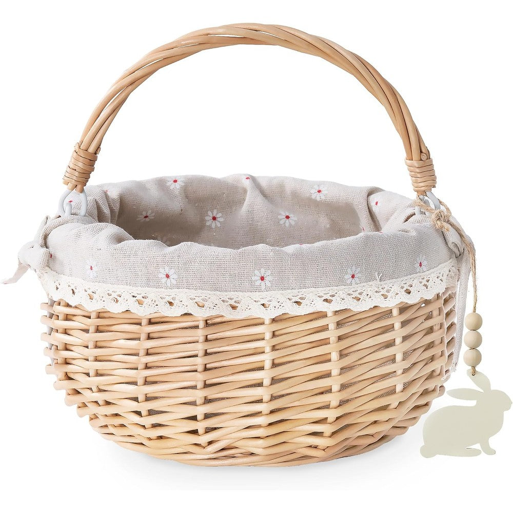 MELLBAY personalized wicker Easter baskets front view showing the farmhouse woven design and floral liner.