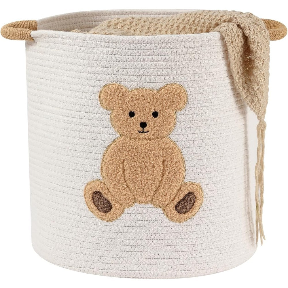 INough large cotton rope teddy basket front view showcasing embroidered bear design for nursery organization.