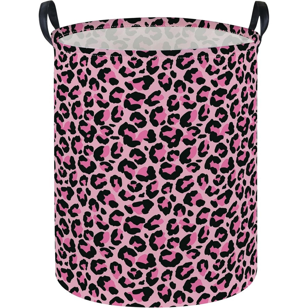 Essme kids laundry basket pink leopard print front view for nursery organization