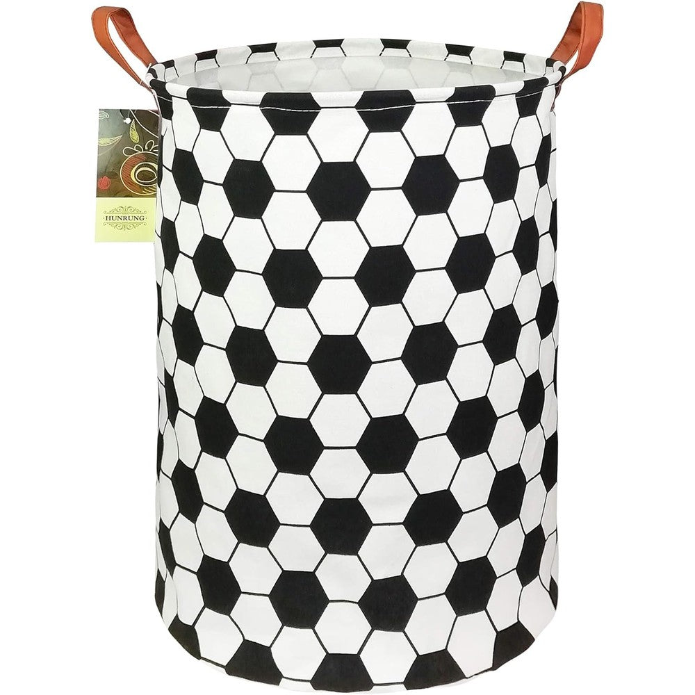 HUNRUNG laundry hamper front view showing the round football pattern design.