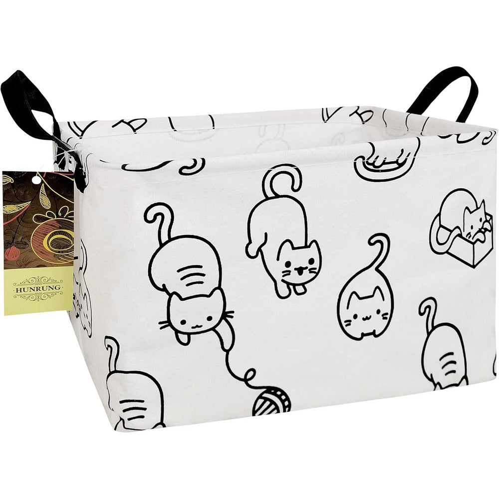 HUNRUNG rectangle canvas storage basket front view featuring cute black cat pattern for home organization.