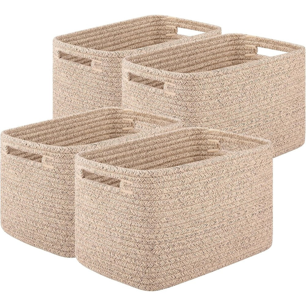 OIASKET Woven Cotton Rope Storage Baskets front view containing organized books and towels on a living room shelf.
