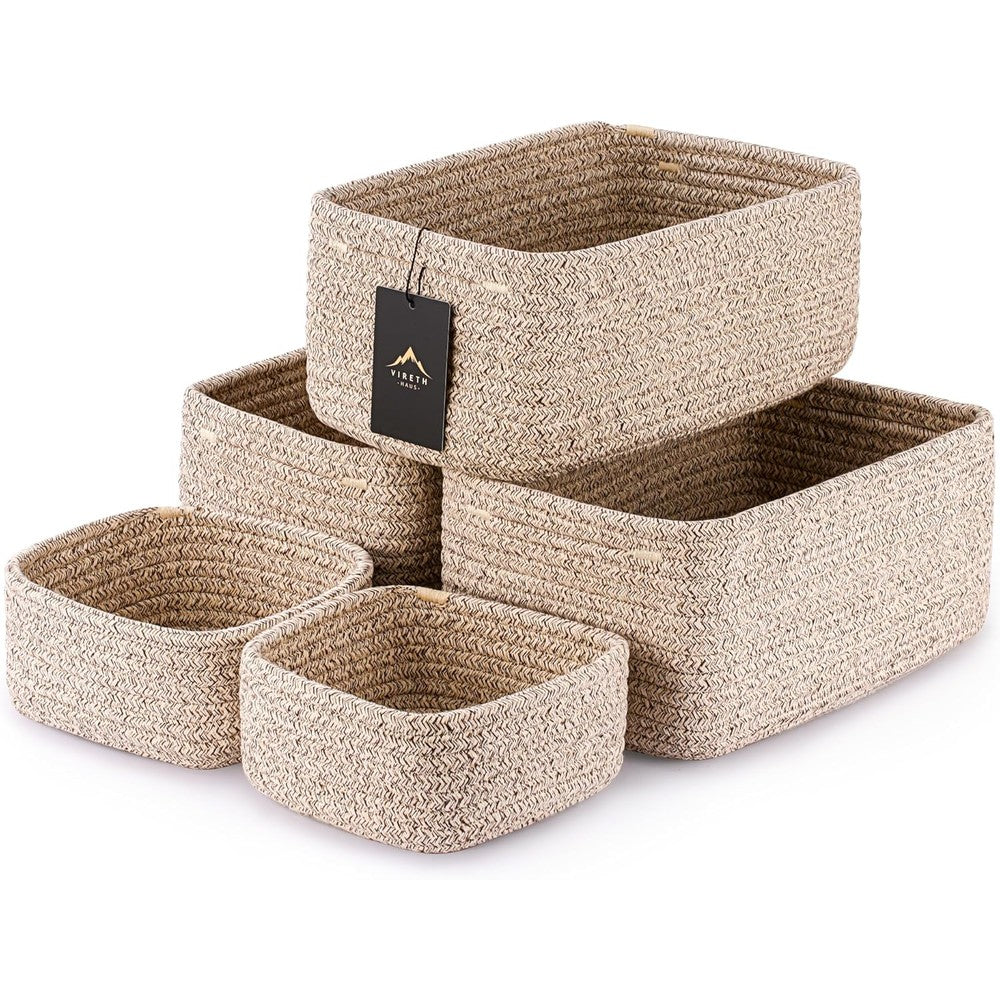 Vireth Haus 5-pack woven rope storage baskets front view displayed neatly on a minimalist shelf organizer setup.