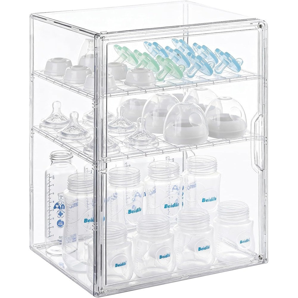 ERTIUANIO baby bottle organizer 3-tier clear acrylic storage cabinet front view on a modern kitchen countertop showcasing baby bottles inside.