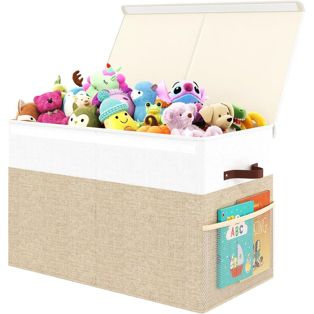 Fineonly large toy storage box with lid front view showing beige and white linen fabric exterior in a clean nursery room.