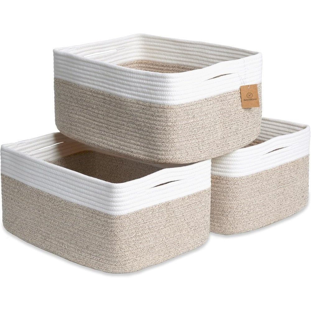 NaturalCozy cotton rope storage baskets 3 pack front view showing off white and mixed brown rectangular design for shelf organization
