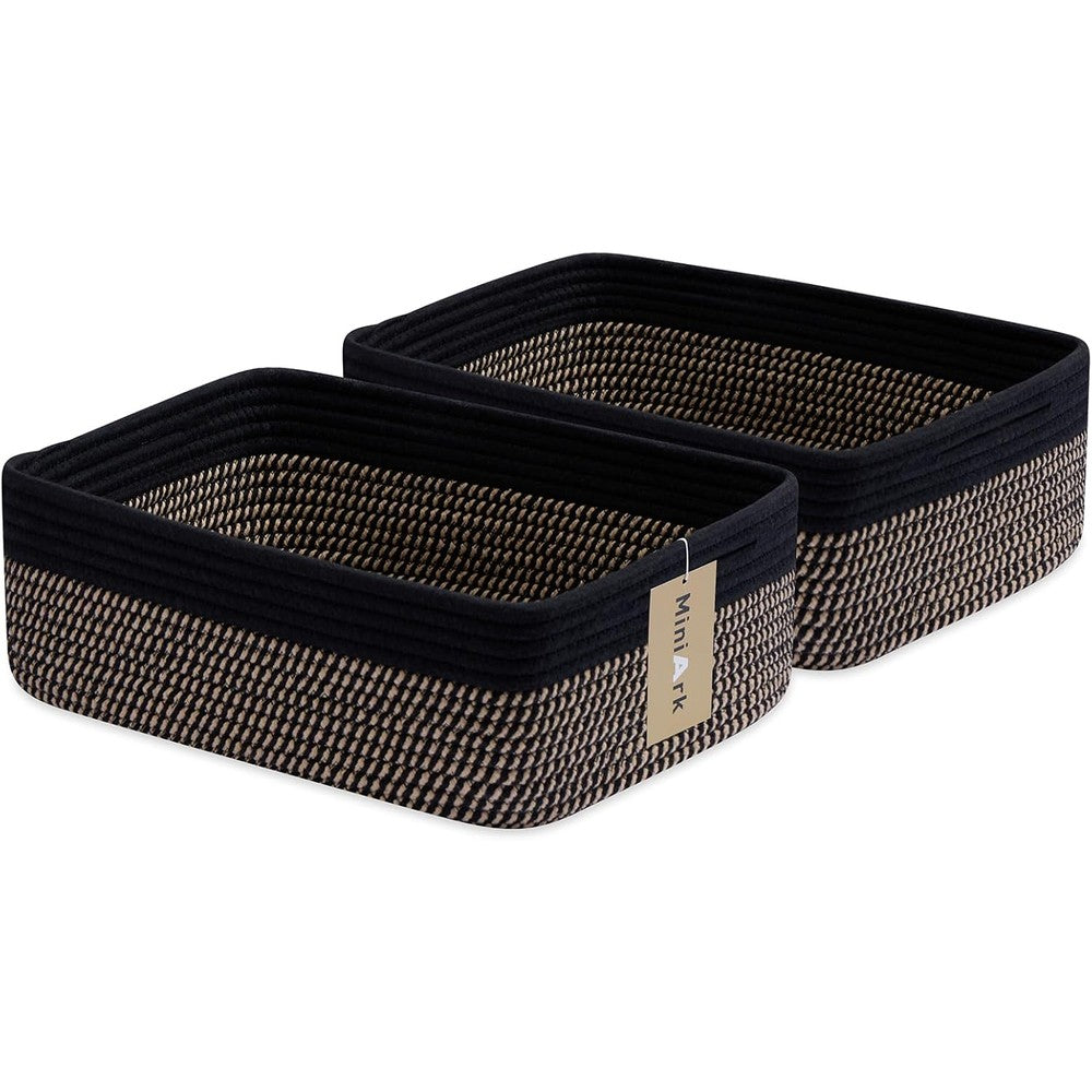 MiniArk large shallow organizing baskets front view showing black woven brown pattern.