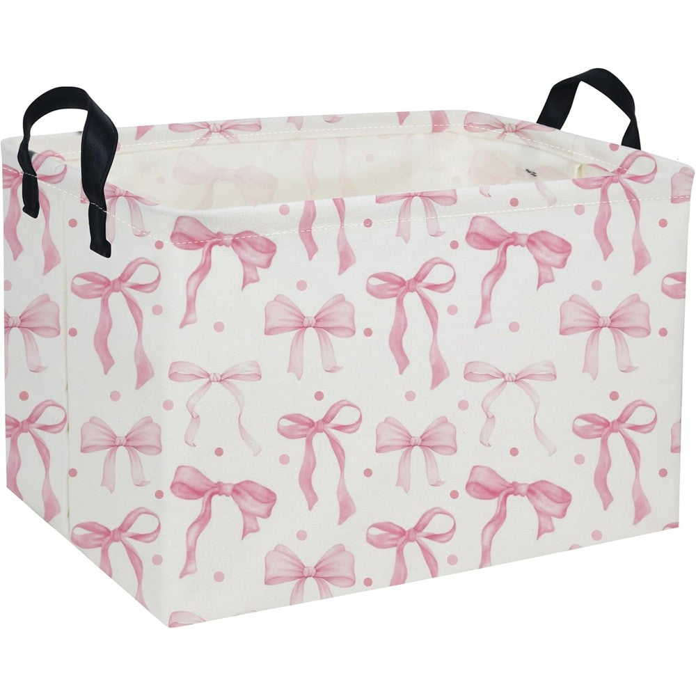 DDBASKET kids pink bowknot rectangular storage basket front view featuring polka dot pattern for nursery decoration