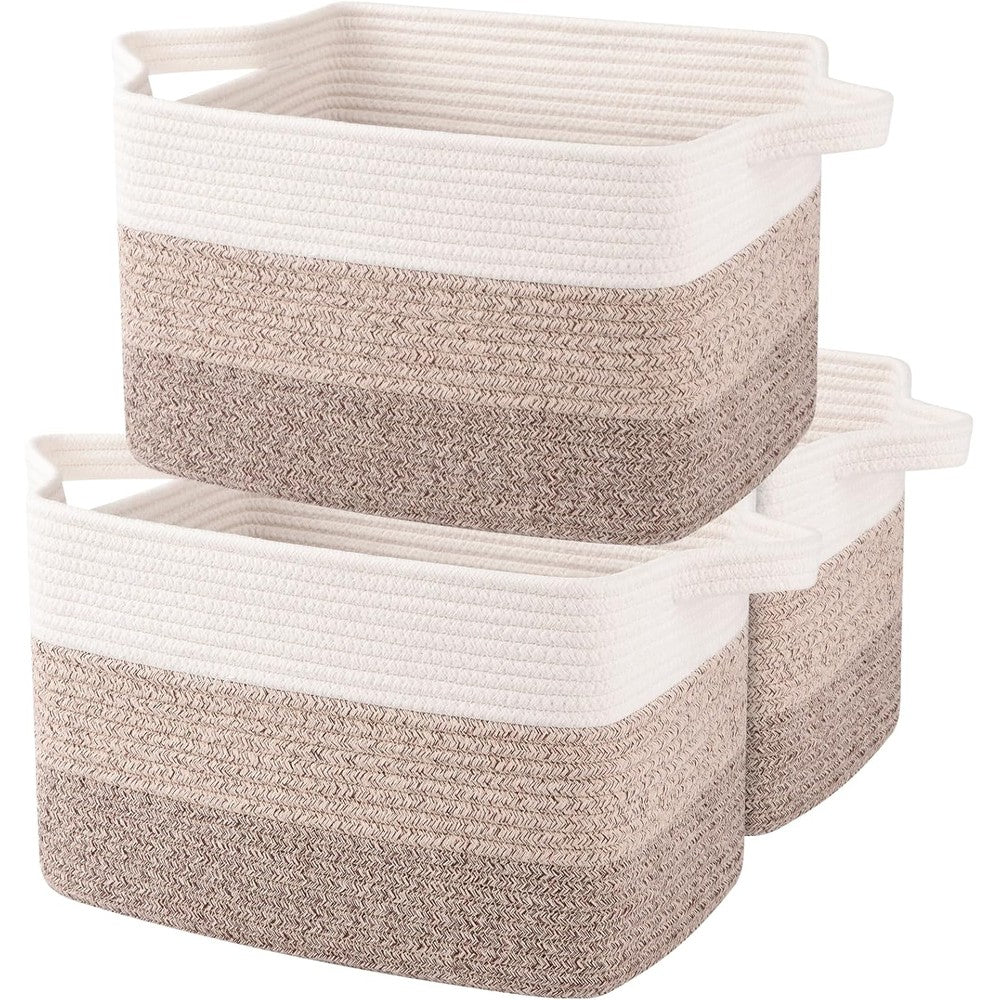 OIAHOMY Cotton Rope Storage Baskets front view of gradient yellow three piece set on a shelf