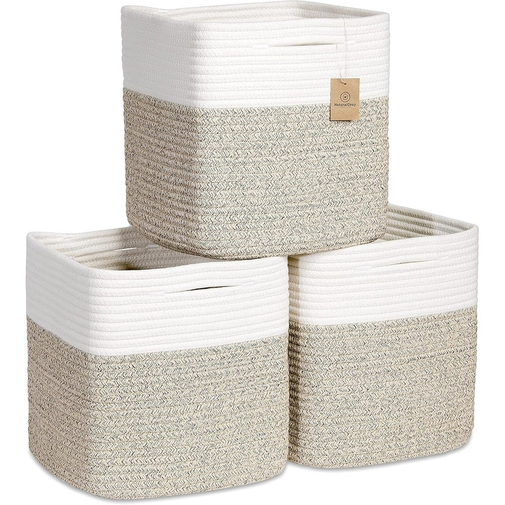 NaturalCozy storage cubes 11 inch cotton rope woven baskets front view showcasing off white and mixed brown design