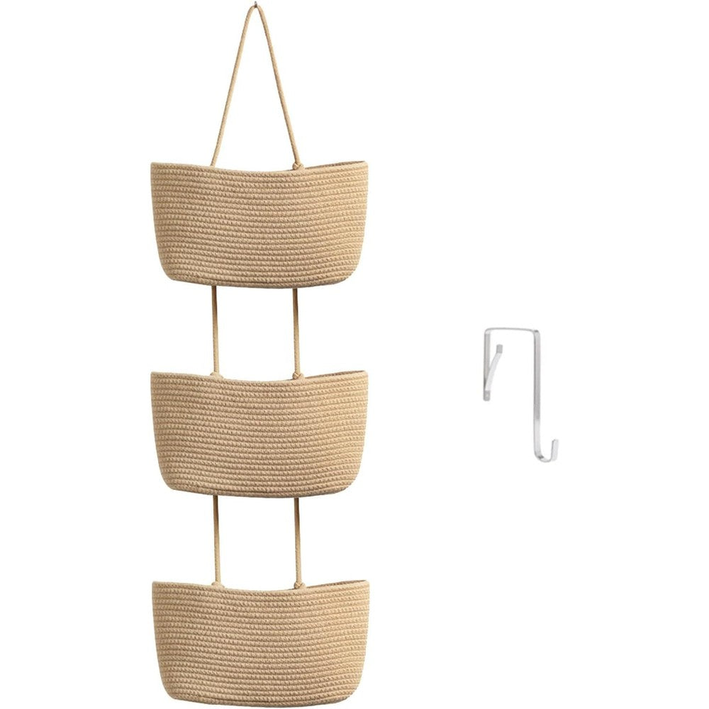TeoKJ Over the Door Hanging Basket front view of 3-tier woven cotton storage organizer