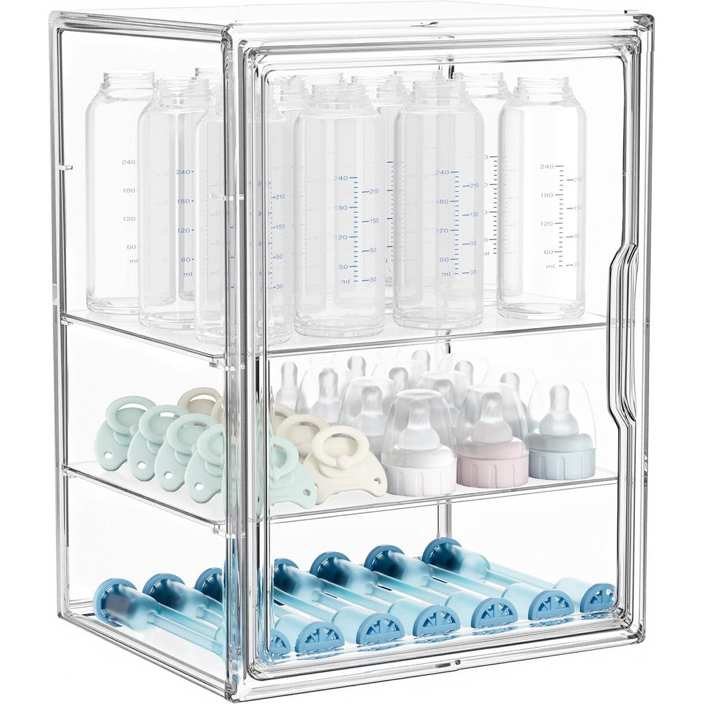 HBlife baby bottle storage organizer front view clear acrylic three tier case on a clean kitchen countertop.