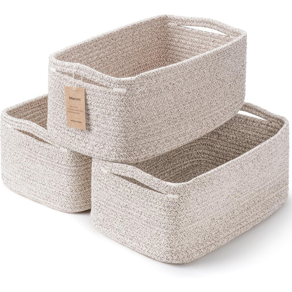 Maxuni 3-pack small cotton rope storage baskets front view for home shelf organization
