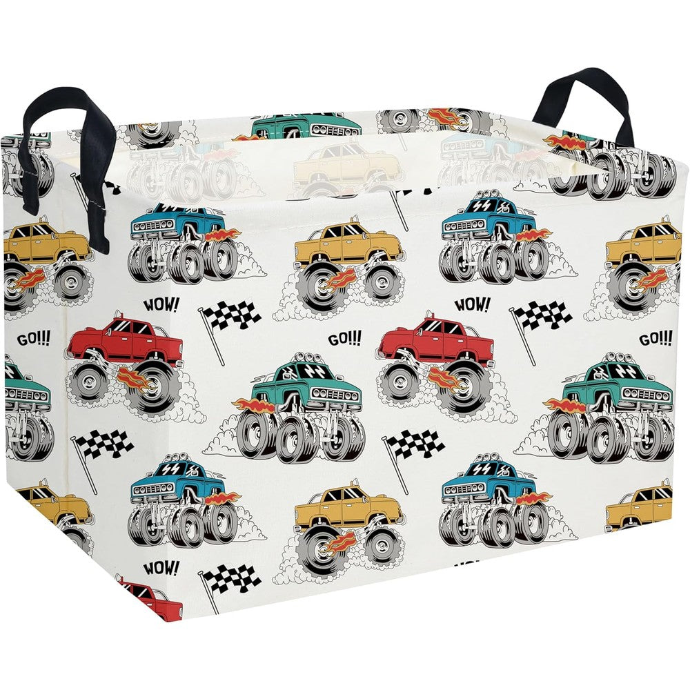 Essme rectangular monster truck kids storage basket front view featuring vibrant cartoon racing truck design.