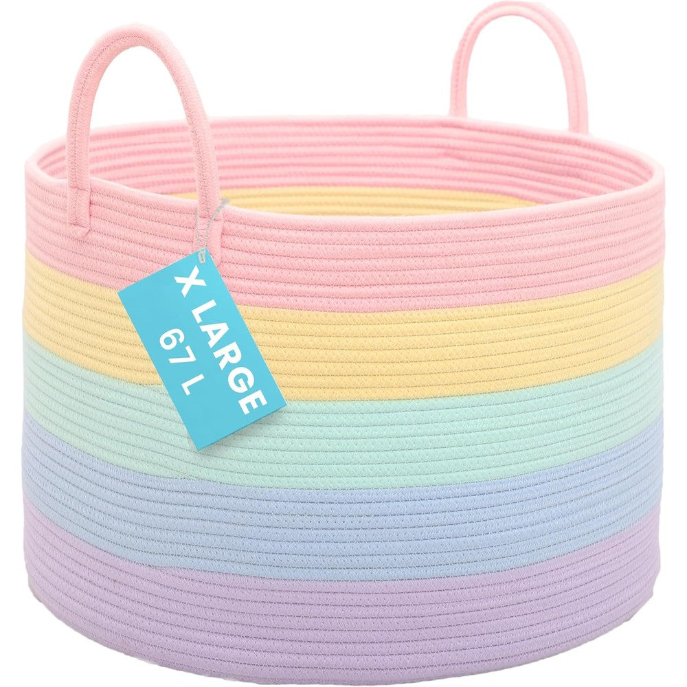 OrganiHaus rainbow cotton rope storage basket front view displaying pastel stripes for nursery decor.