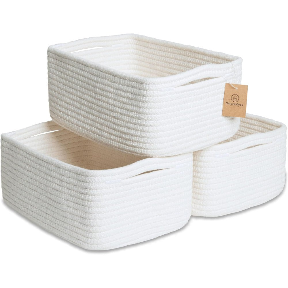 NaturalCozy Cotton Rope Woven Storage Baskets front view of three off white rectangular bins on a shelf