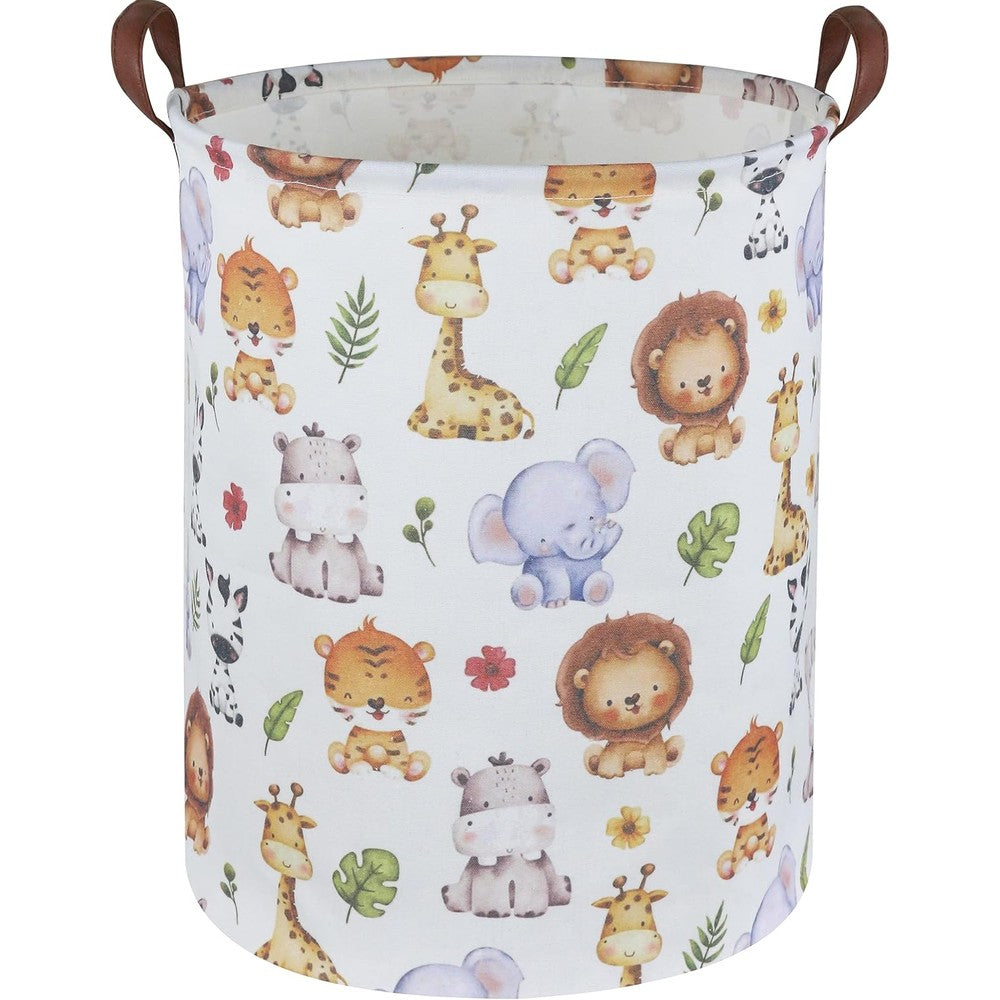 Sanjiaofen kids laundry hamper front view showing the cute cartoon animal print design on premium cotton linen fabric.