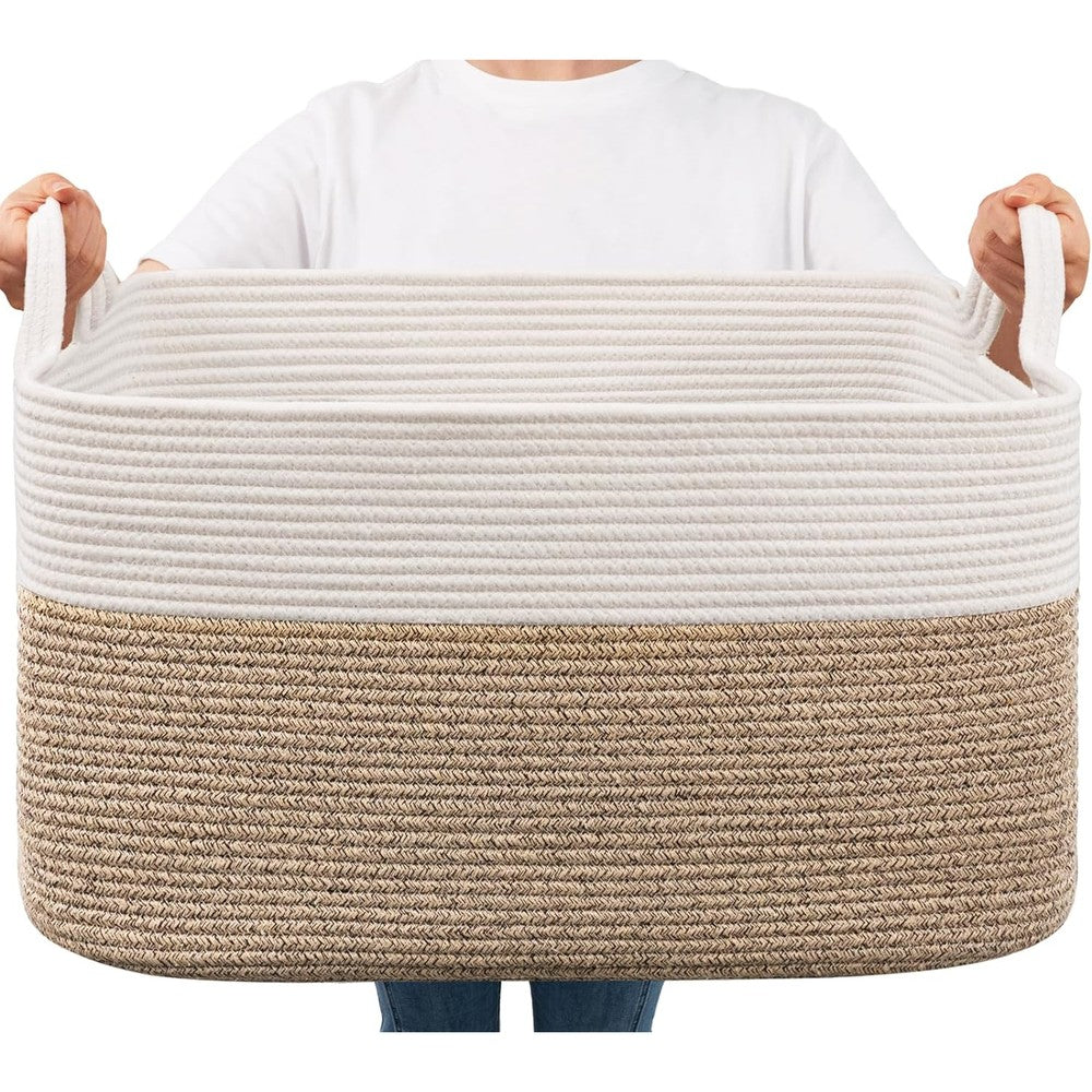 Goodpick large woven blanket basket front view showcasing the rectangular white and brown cotton rope design.