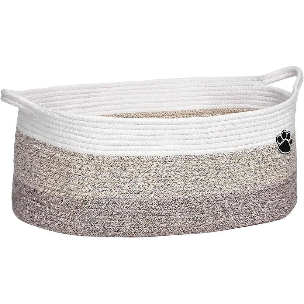 Optish dog toy basket front view of white and brown woven storage bin for pet accessories