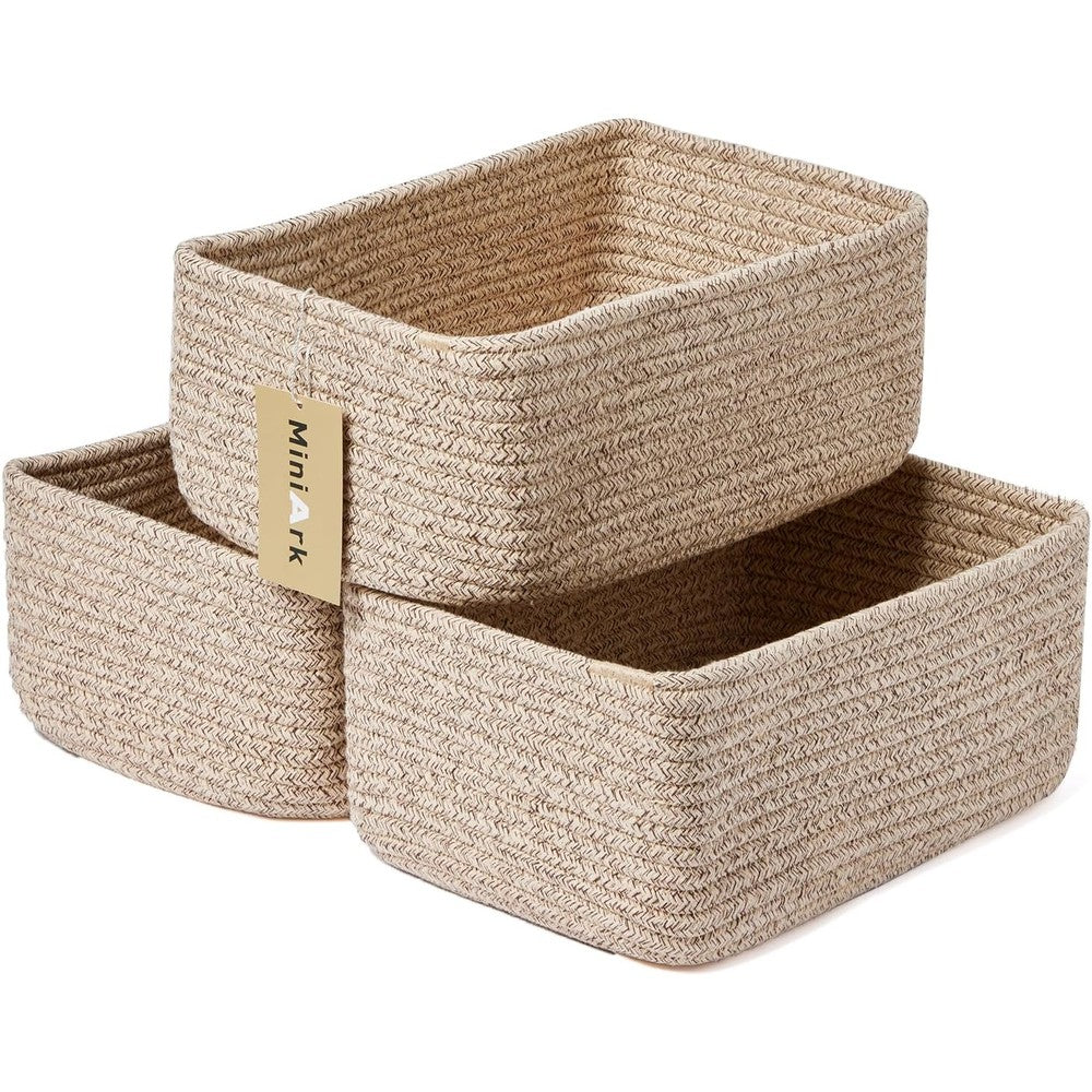 MiniArk woven rope storage baskets front view displaying three piece set in mixed brown.