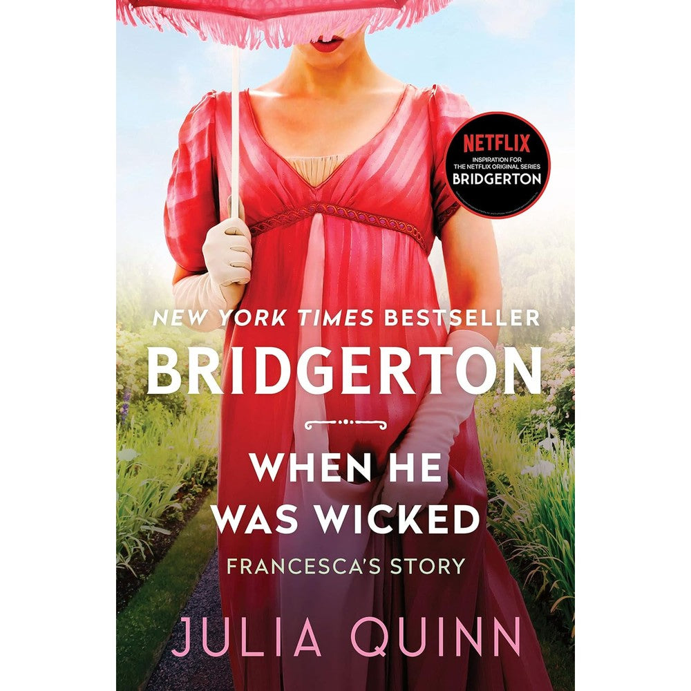 Julia Quinn When He Was Wicked Bridgerton book cover featuring red dress front view