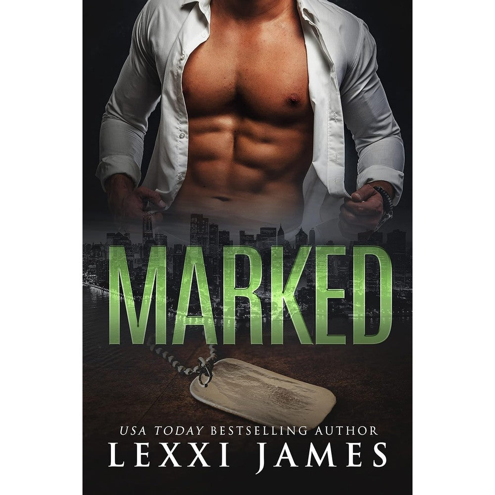 Lexxi James Marked The Boys Of Bishop Mountain front view book cover art featuring a city skyline and dog tag necklace.