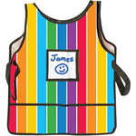 Melissa and Doug Art Essentials Artist Smock front view showing multicolor stripes and white personalizable chest pocket.
