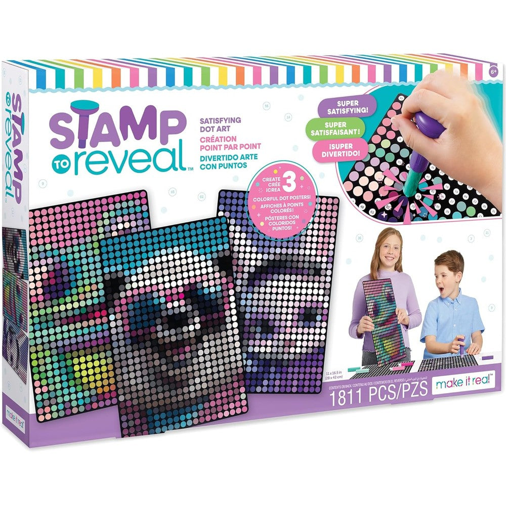 Make It Real Stamp to Reveal DIY Dot Posters kit front packaging view showing bunny frog and panda designs.