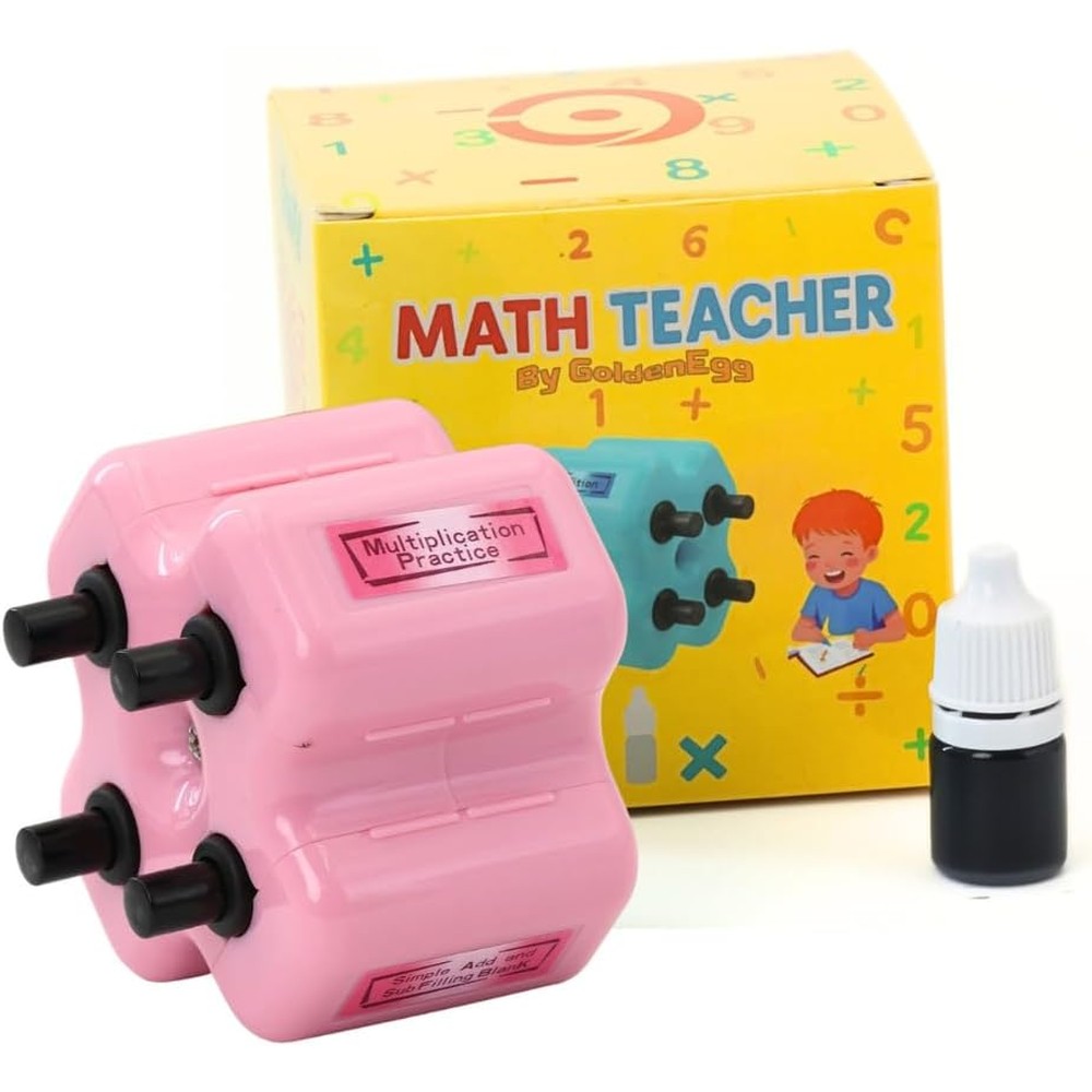 GoldenEgg Math Teacher 4-in-1 Math Roller Stamp front view showing the pink compact educational tool.