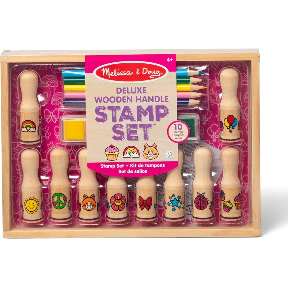 Melissa & Doug Deluxe Happy Handle Stamp Set front view in wooden tray