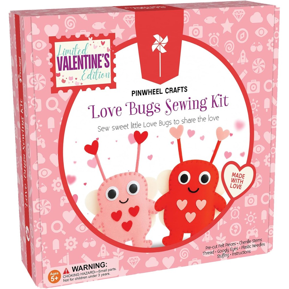 Pinwheel Crafts Love Bugs Kids Sewing Kit front packaging view showcasing the complete DIY felt plush craft set.