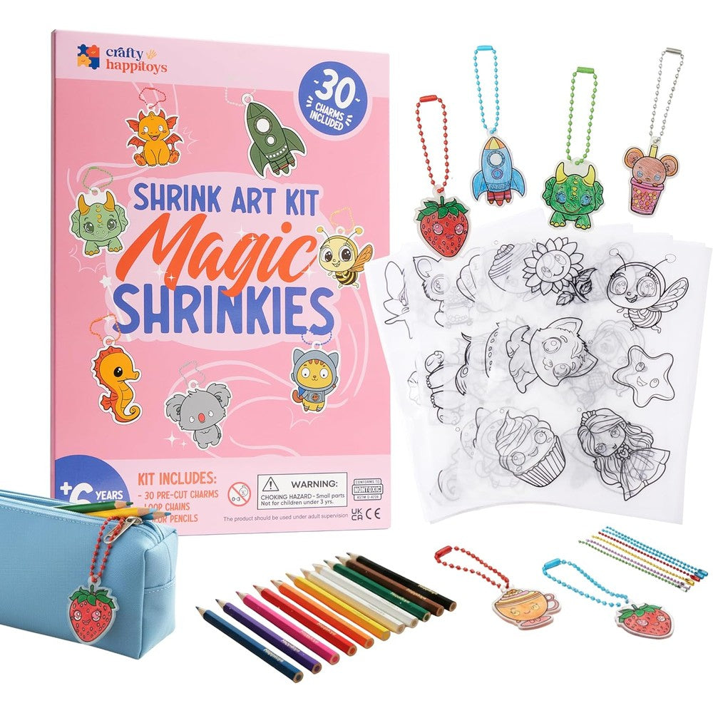Crafty Happitoys Magic Shrinkies shrink art kit front view packaging showing colorful pre cut charms