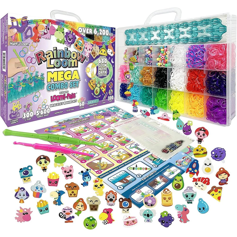 Rainbow Loom Loomi-Pals Glow in The Dark Mega Combo Set front view showing the organized carrying case filled with colorful bands and charms.