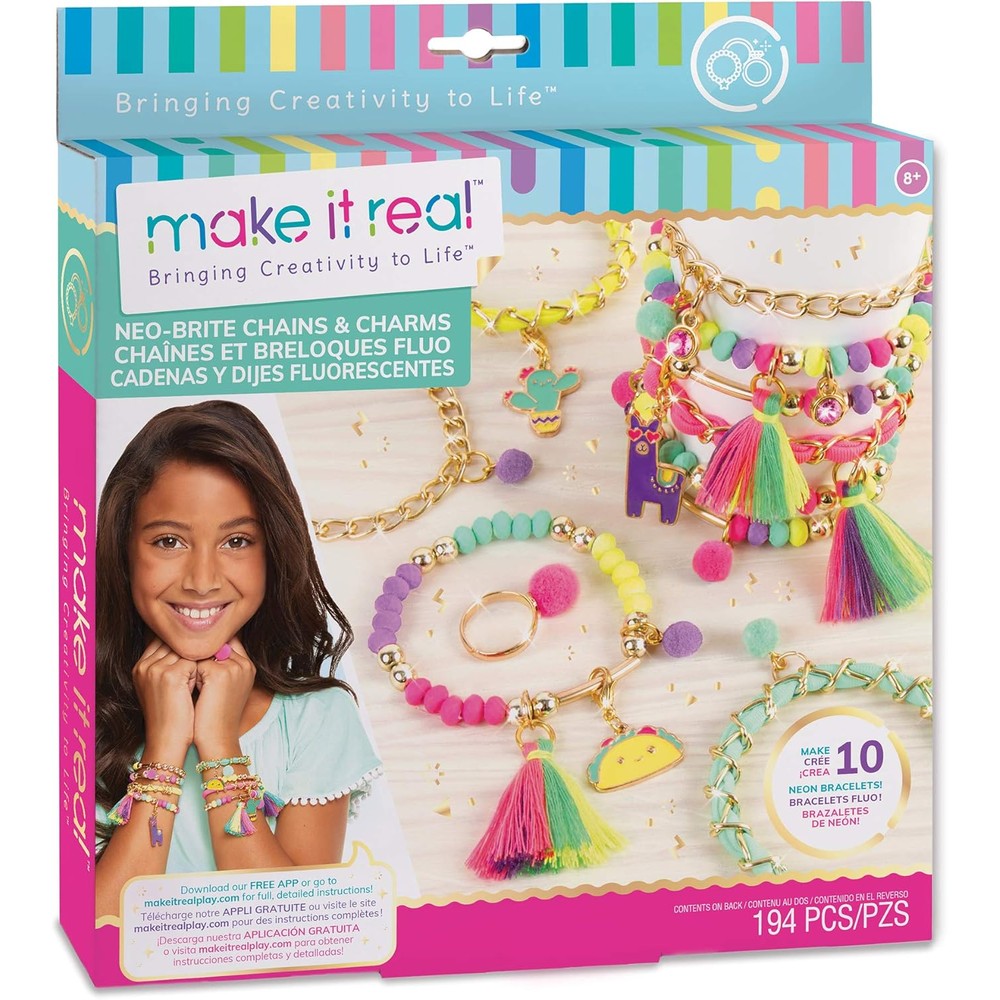 Make It Real Neo-Brite Chains and Charms Kit packaging front view showcasing colorful DIY bracelet materials.