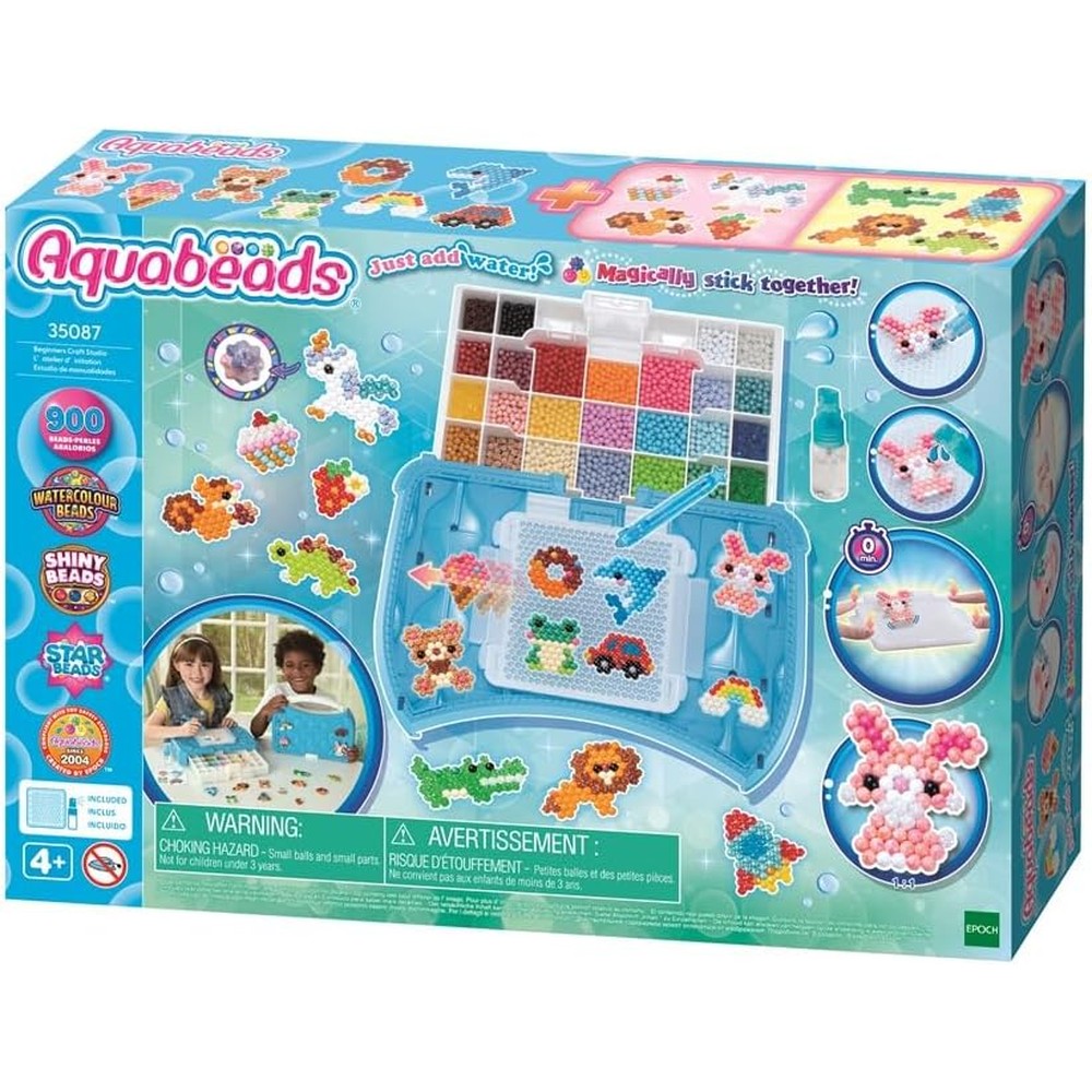 Aquabeads Beginners Craft Studio 35087 portable arts and crafts kit front view displaying the blue carry case.