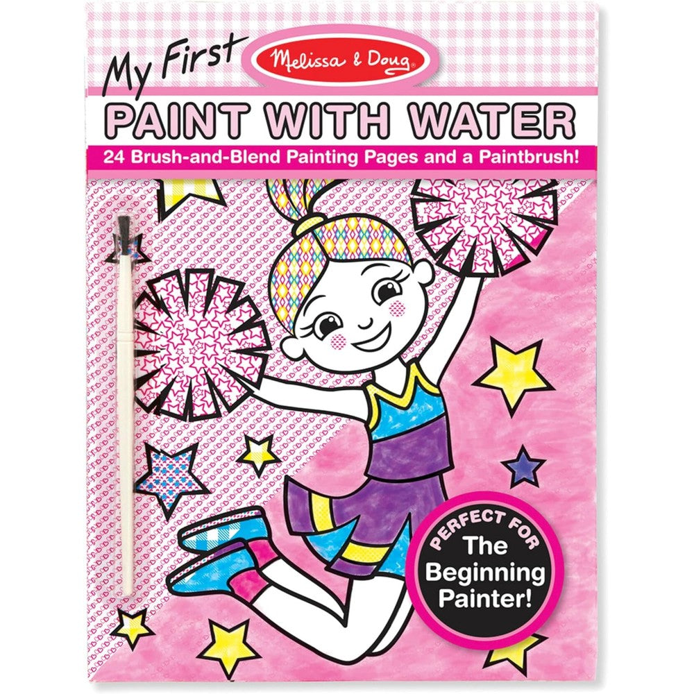 Melissa and Doug My First Paint With Water Art Pad front view showcasing pink cover design and included paintbrush