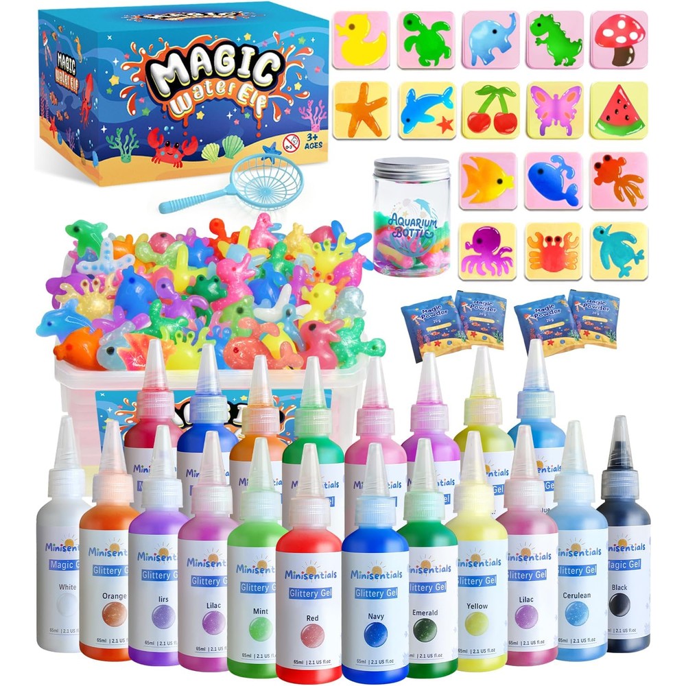Minisentials magic water elf toy kit front view with aquarium bottle