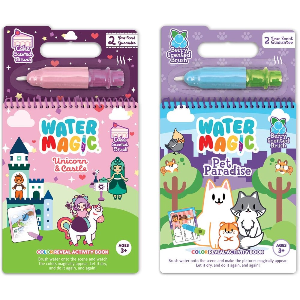 Scentco Water Magic activity book set with unicorn and pet themes.