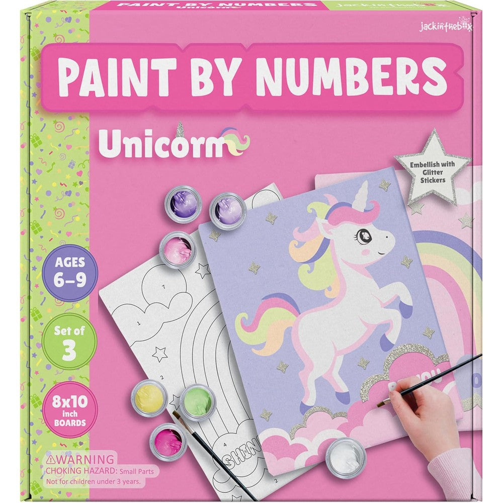 Jackinthebox Paint by Number Unicorn 3 Pack Painting Kit front view of packaging and contents