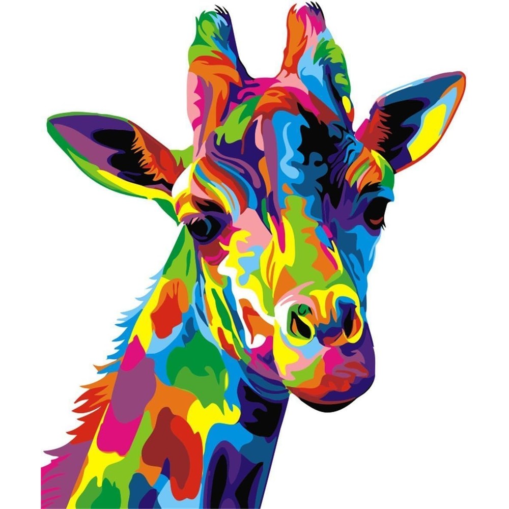 Komking Paint by Numbers Colorful Giraffe kit front view showing the pre-printed canvas art canvas.