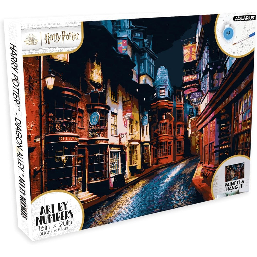 AQUARIUS Harry Potter Diagon Alley Paint by Number Kit front view showing packaged box and artwork details