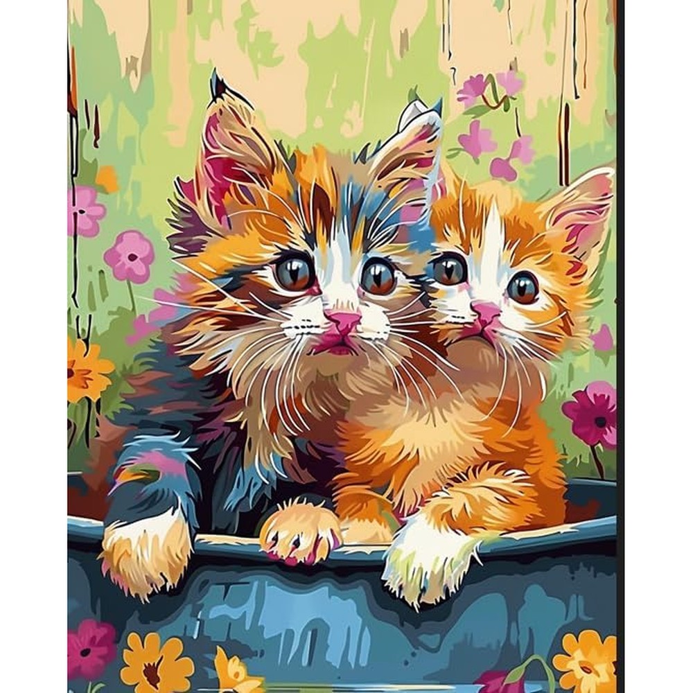 Newsight Paint by Numbers Cat Couple kit front view showing the pre-printed numbered art canvas and acrylic paints.