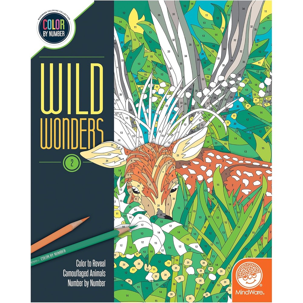 MindWare Color by Number Wild Wonders Book Two front cover showing a colorful camouflaged animal illustration.