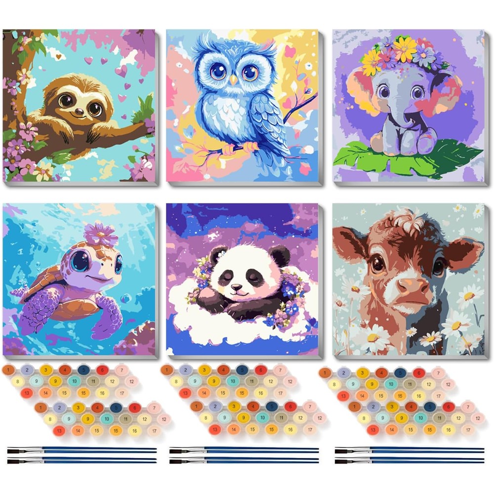 VividMeng cartoon paint by numbers kids kit front view showing six framed animal canvases and art accessories