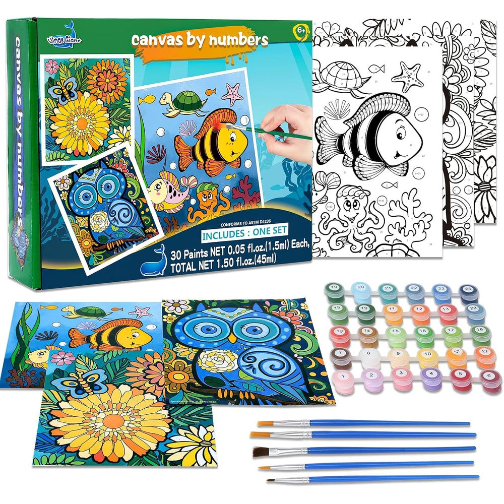 Wings Giant Three Pack Paint by Numbers for Kids front view showing owl and fish canvases