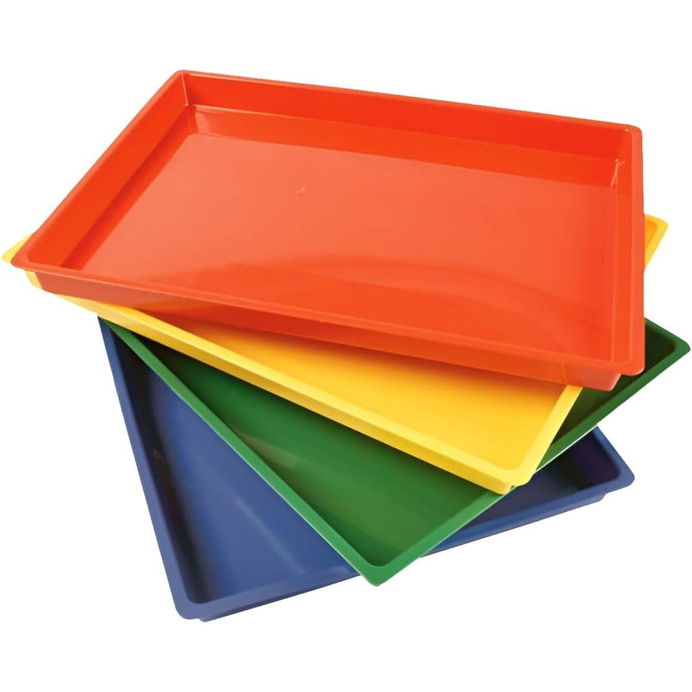 Constructive Playthings Messy Trays front view showing set of four multi-color hard plastic craft trays for kids art projects