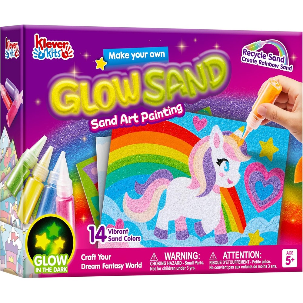 Klever Kits Glow Sand Art Kit front view showing the product packaging and fantasy character templates.