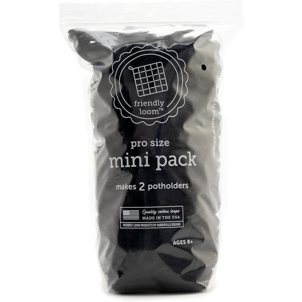 Harrisville Designs Friendly Loom PRO black cotton weaving loops package front view for DIY crafting.