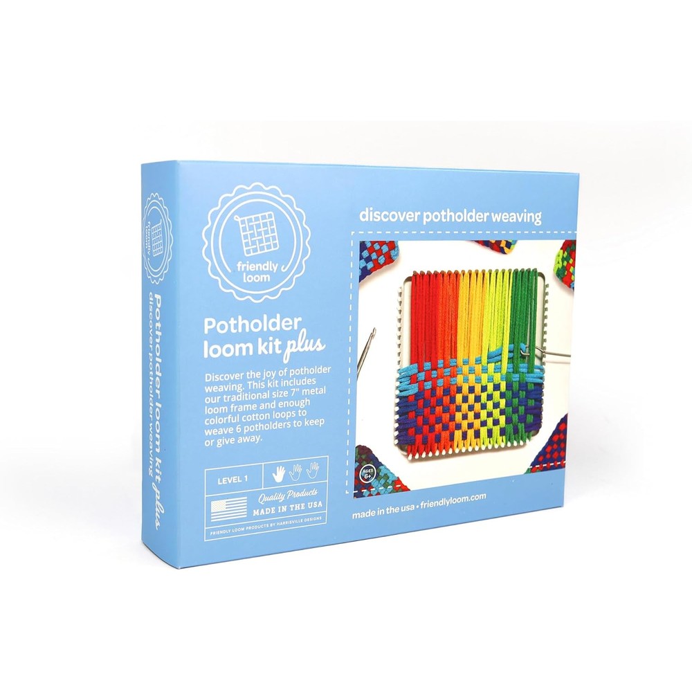 Harrisville Designs Friendly Loom Potholder Plus Weaving Kit packaging front view showing colorful cotton loops.