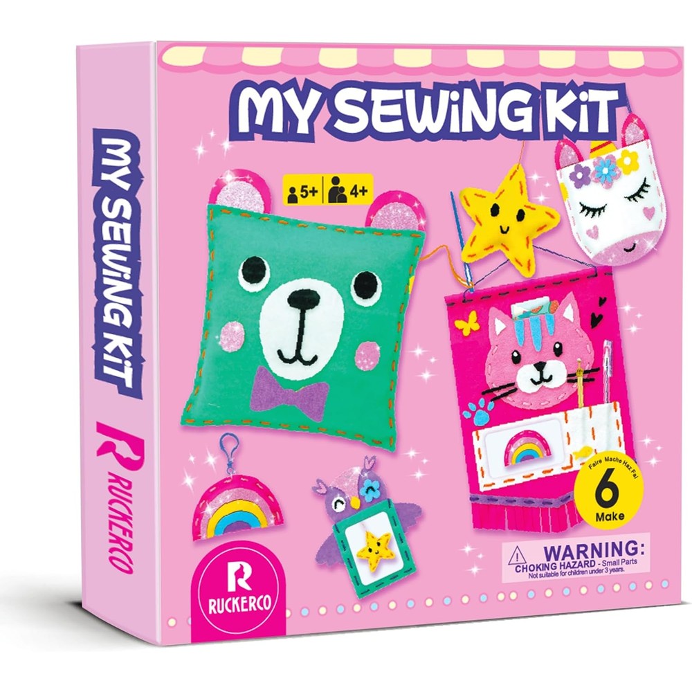 R RUCKERCO Kids Sewing Kit front packaging view showcasing the pink craft box.